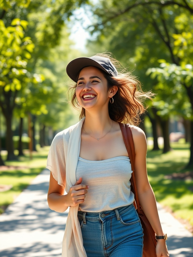 Mulher sorrindo fazendo caminhada leve em parque para atividade física para vida saudável