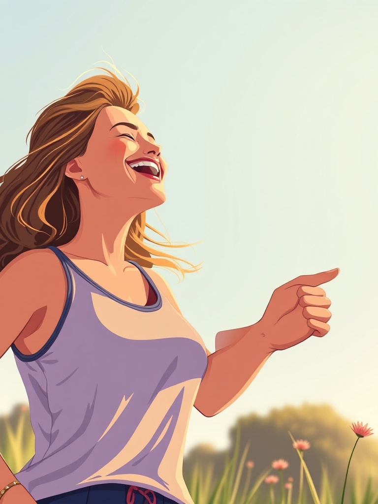 Pessoa sorrindo praticando atividade física leve ao ar livre, promovendo bem-estar com prática regular de exercícios físicos.