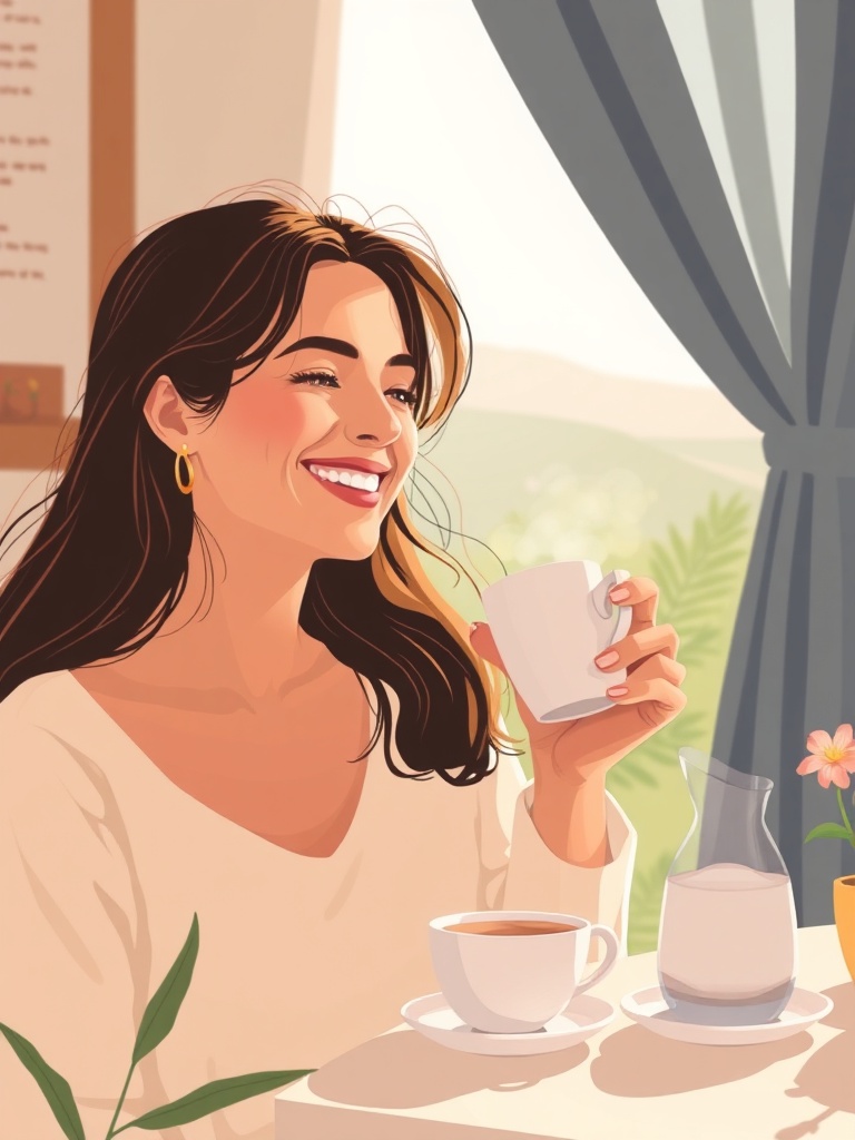 Pessoa sorrindo desfrutando de um momento de motivação leve e bem-estar pela manhã