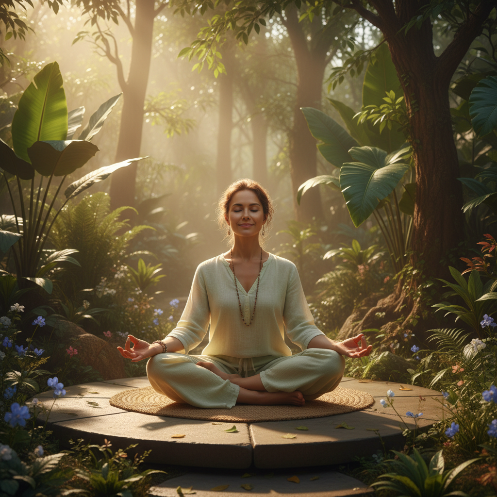 Mulher serena praticando yoga ao ar livre, simbolizando um estilo de vida leve e bem-estar.