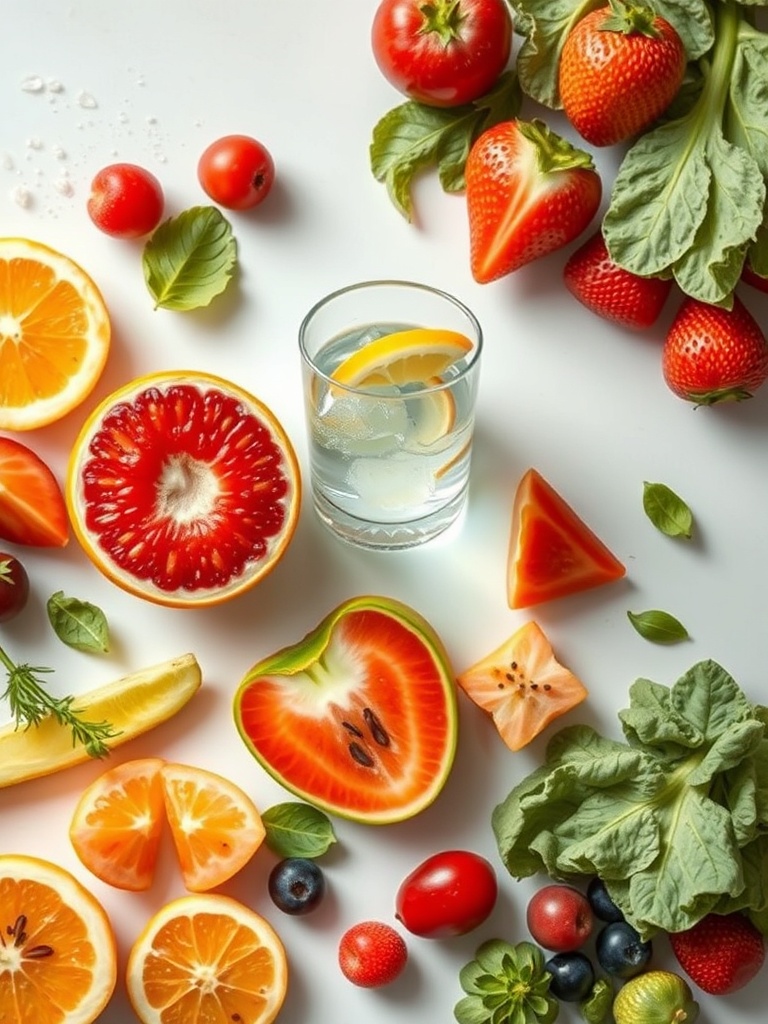 Ilustração de uma alimentação diária equilibrada com frutas, vegetais e água.