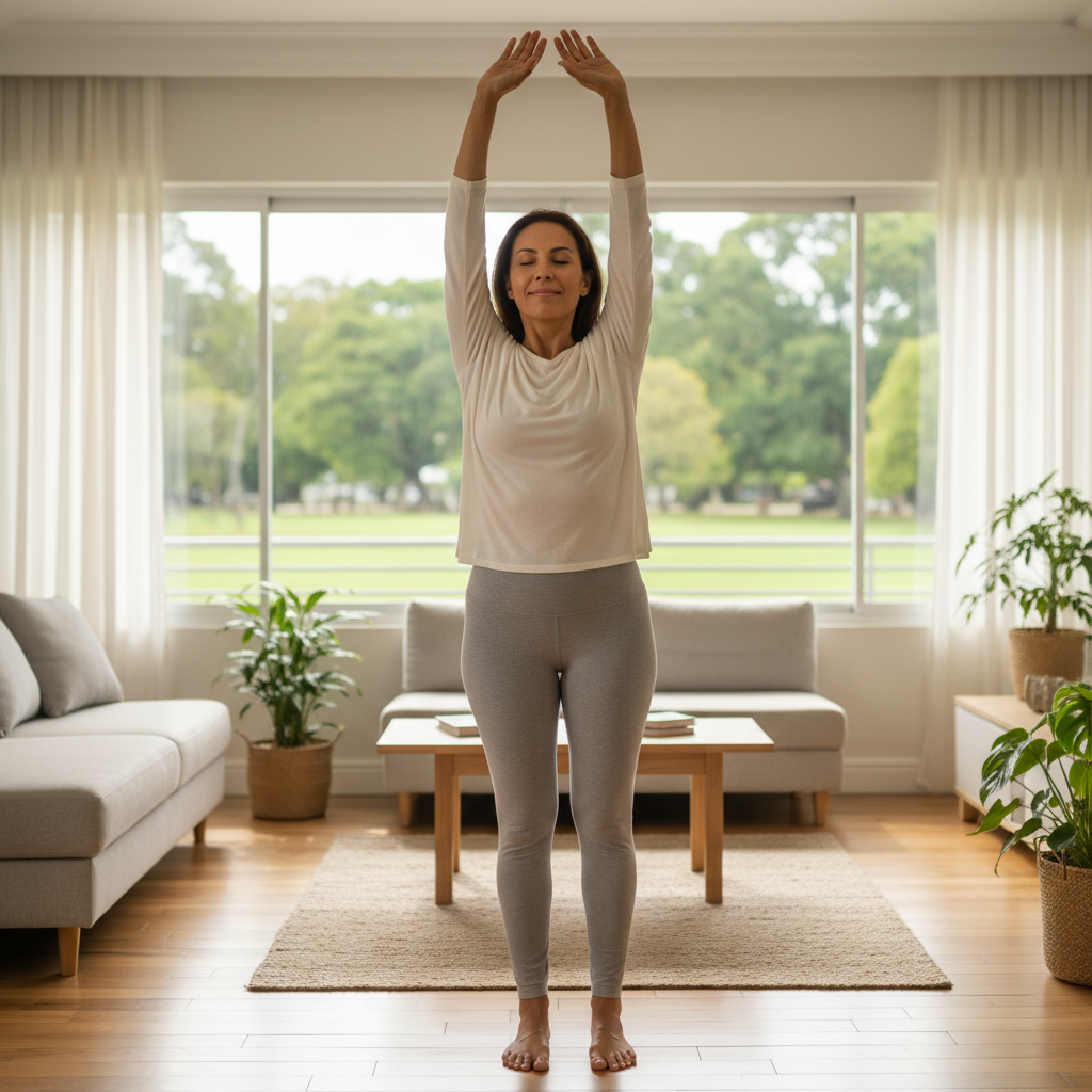 8 Exercícios Simples para o Dia a Dia e Mais Bem-Estar 2 Pessoa sorridente fazendo alongamento leve em ambiente claro, representando exercícios simples para o dia a dia e bem-estar.