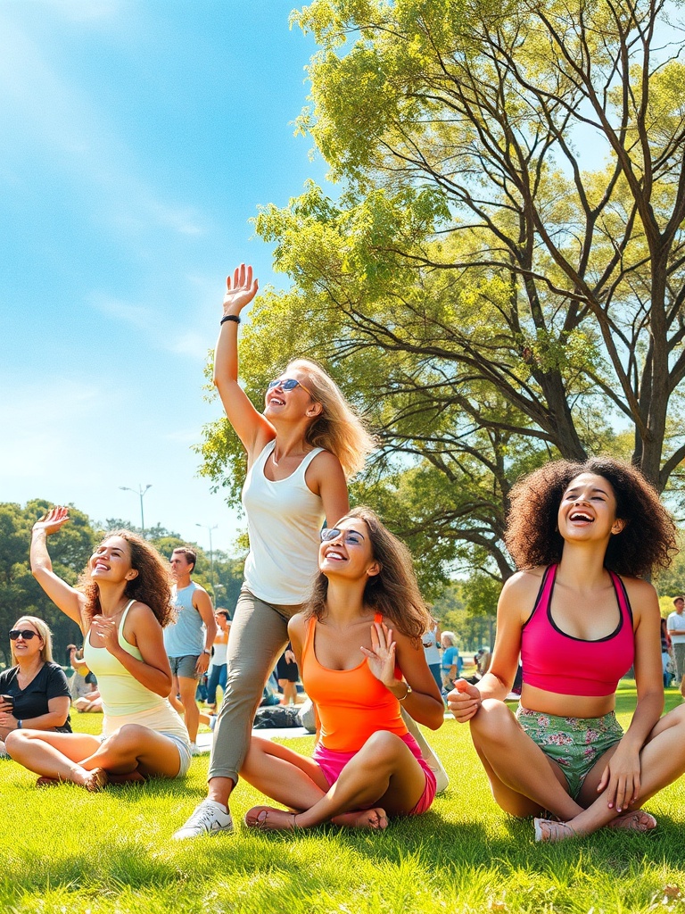 Pessoas sorrindo praticando exercícios leves em um parque para melhorar a qualidade de vida.