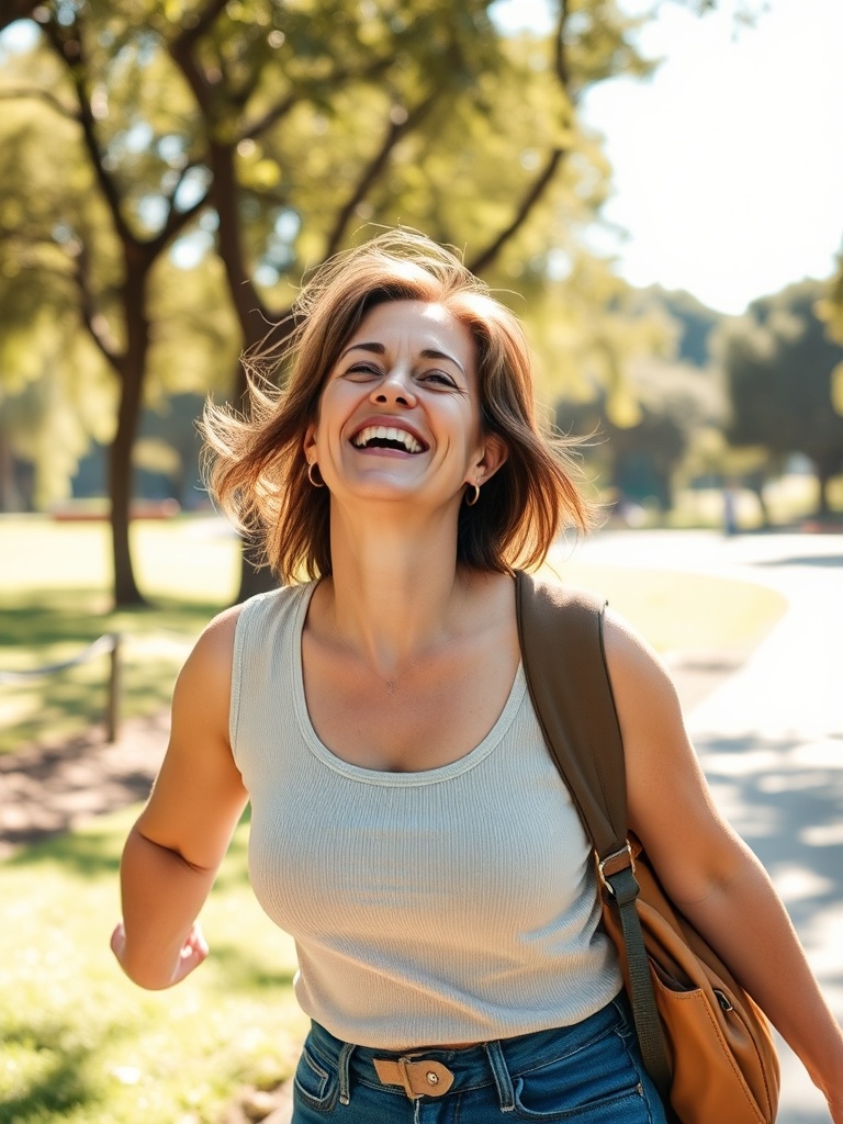 Mulher sorrindo praticando movimento corporal leve para saúde e bem-estar