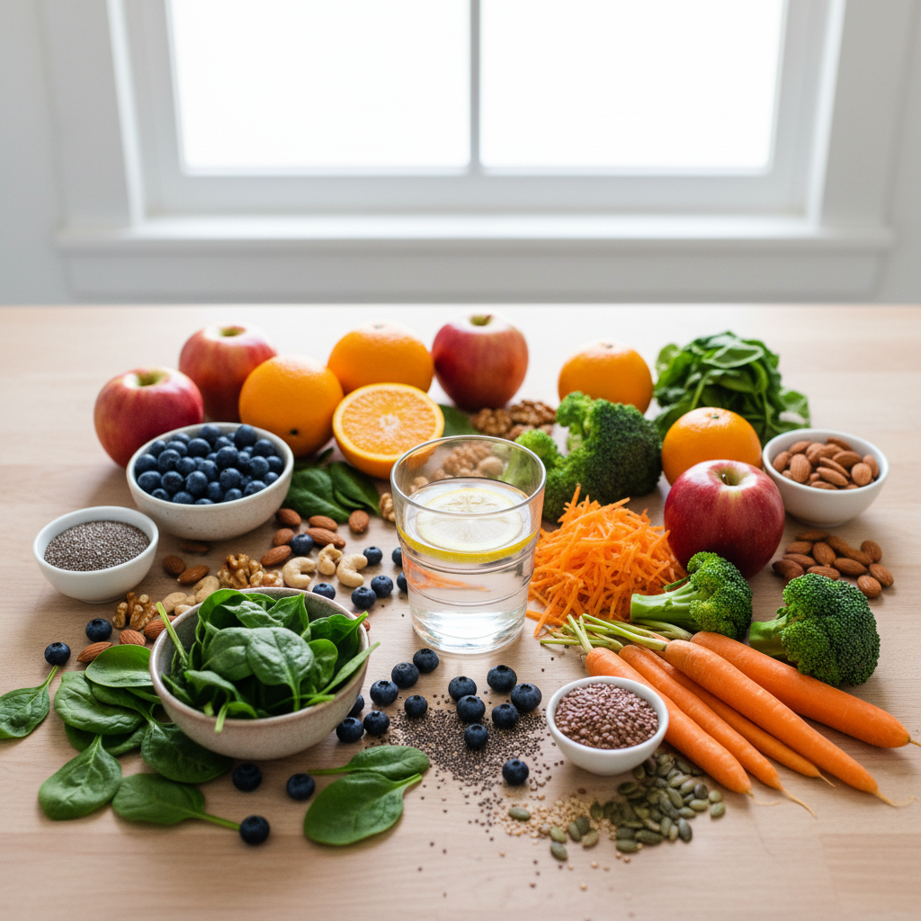 Mesa colorida com frutas, vegetais e nozes, representando uma dieta equilibrada para saúde e bem-estar.