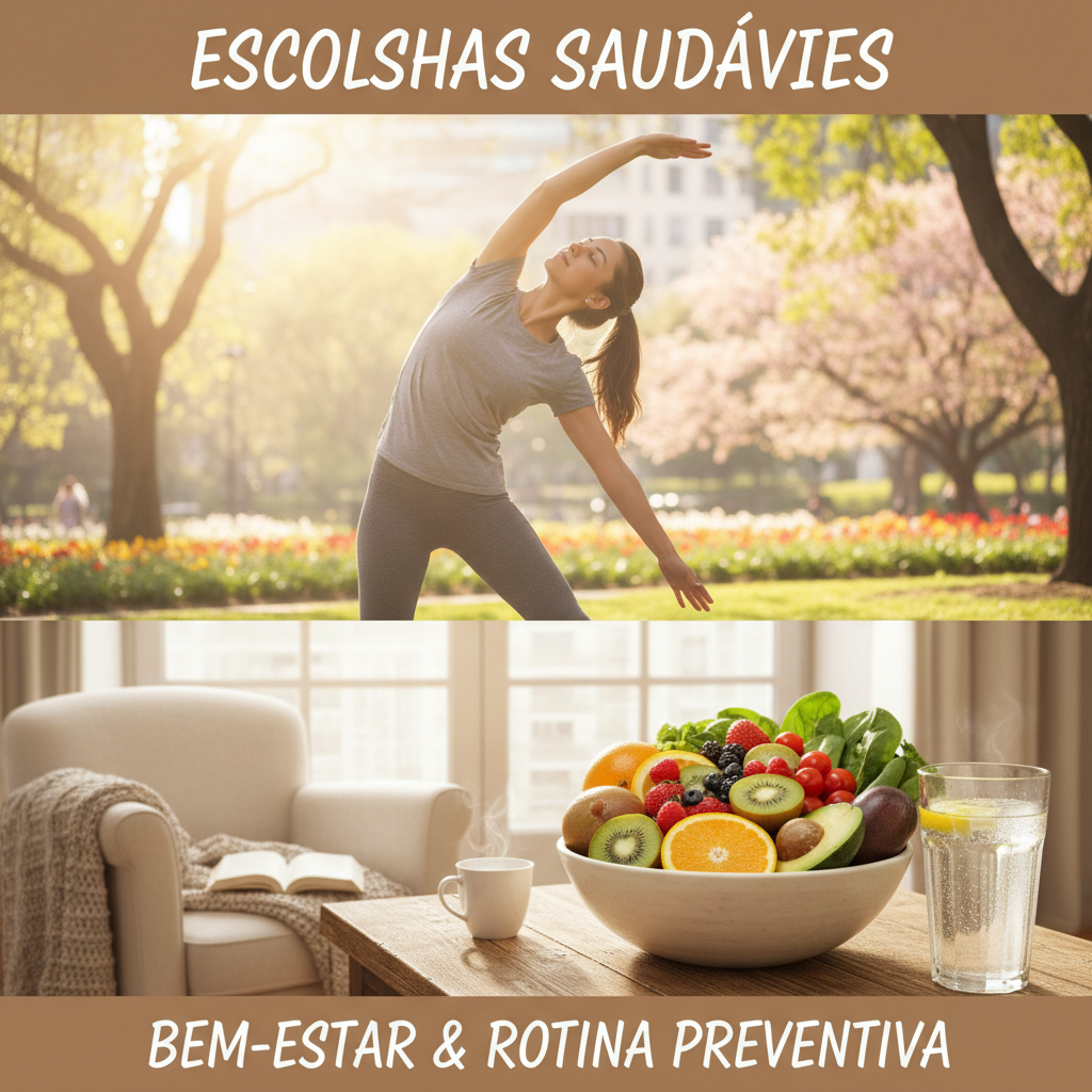 Pessoa alongando, frutas frescas e livro, simbolizando escolhas saudáveis e bem-estar.