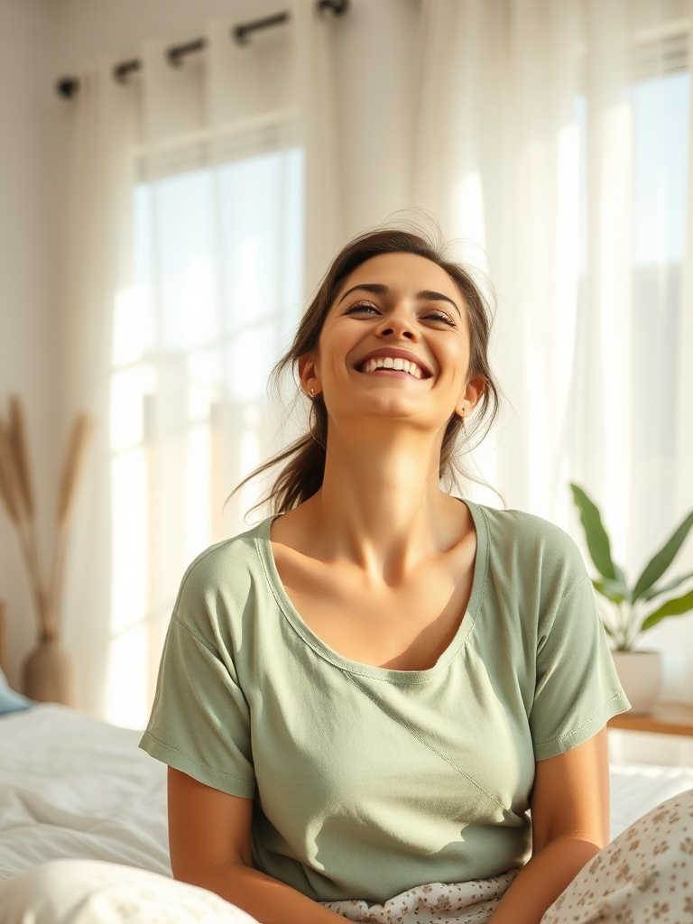 Exercícios para Vida Saudável: Comece Hoje! 2 Mulher sorrindo fazendo alongamento leve em casa, representando exercícios para uma vida saudável