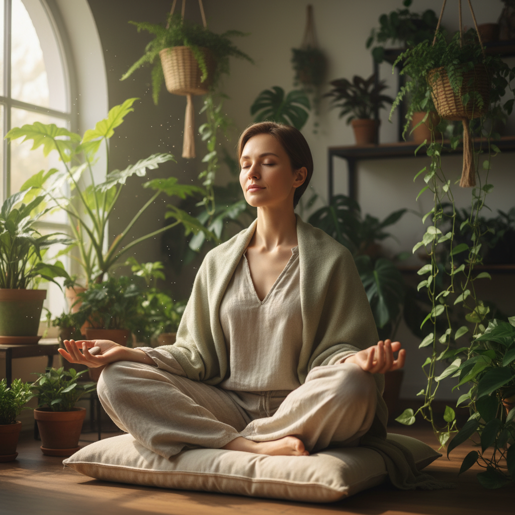 Pessoa em pose calma e reflexiva, promovendo a autoconsciência e o bem-estar.
