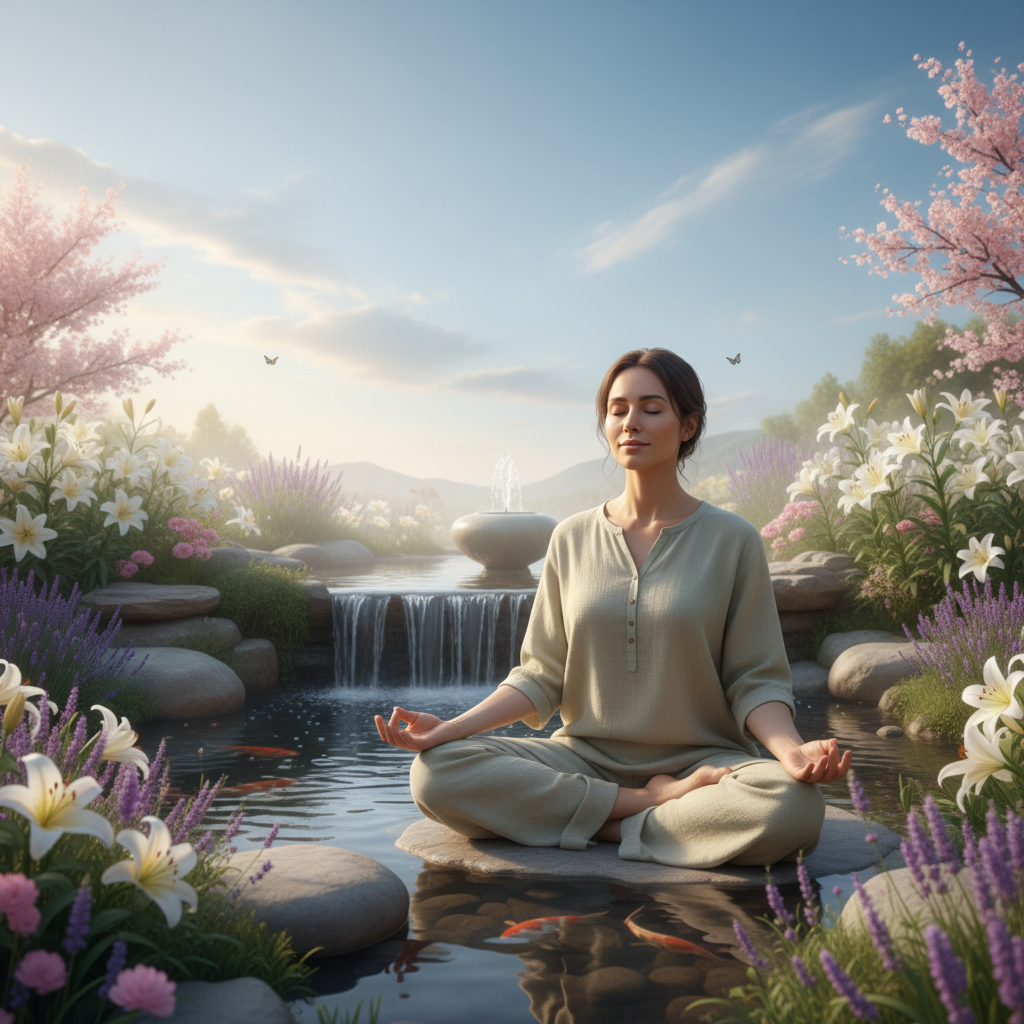 Pessoa serena meditando em um ambiente calmo, ilustrando o bem-estar emocional e a saúde preventiva.