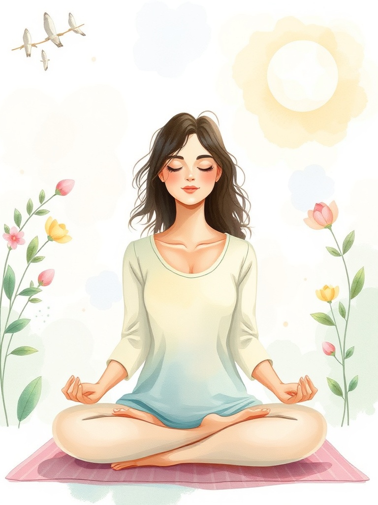 Ilustração de pessoa focada no bem-estar em ambiente tranquilo.