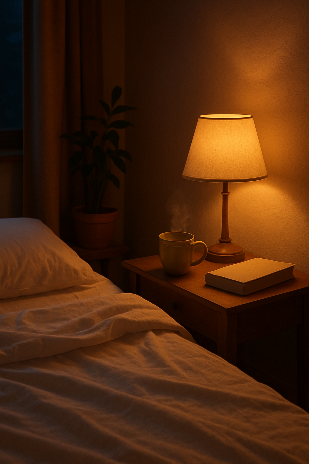 Quarto aconchegante e calmo com iluminação suave, cama arrumada e chá de ervas, sugerindo dicas para dormir melhor e um sono reparador.
