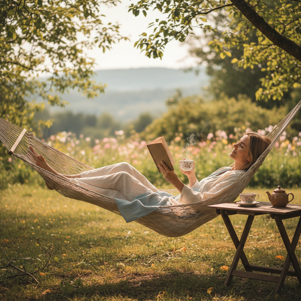 Pessoa em rede, livro e chá, simbolizando pausas restauradoras e relaxamento.