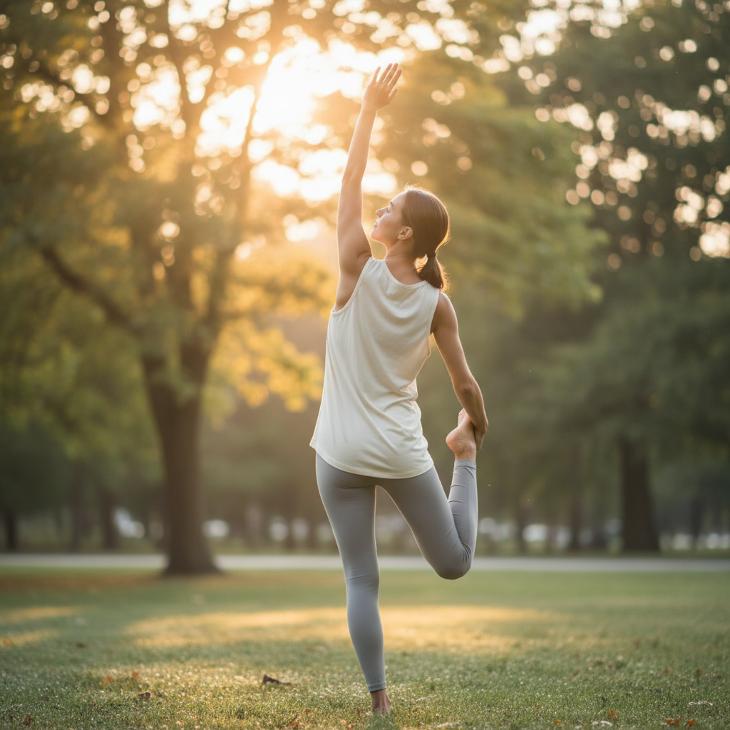 Pessoa alongando suavemente em um parque ao amanhecer, transmitindo calma e bem-estar, ilustrando como criar rotina de exercícios leve.